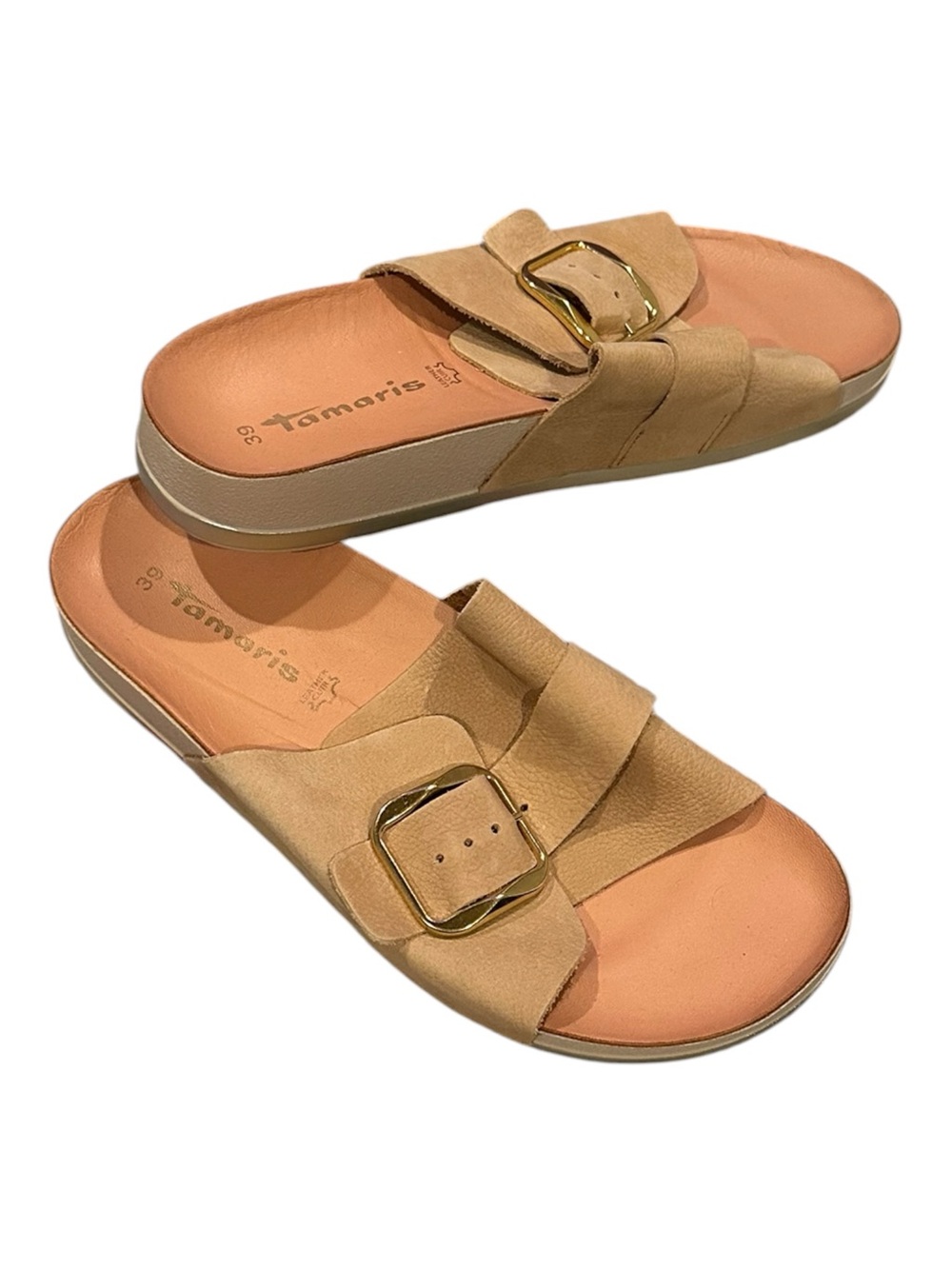 TAMARIS MINIMALIST SUEDE LEATHER SLIDES GOLDTONE BUCKLE 39